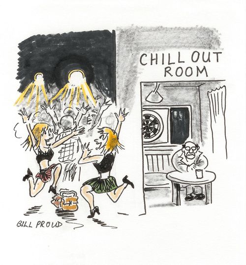 Night club has an old man sat in a chill out room.
