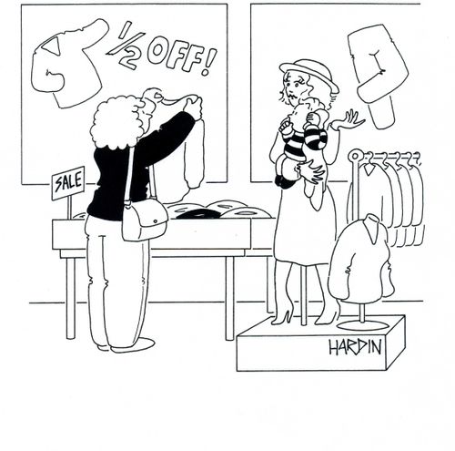 Mothers gives her baby to a mannequin to hold whilst she shops.