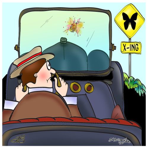 A butterfly splats on a windshield in a 'Butterfly Crossing.'