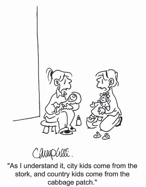 'As I understand it, city kids come from the stork, and country kids come from the cabbage patch.'