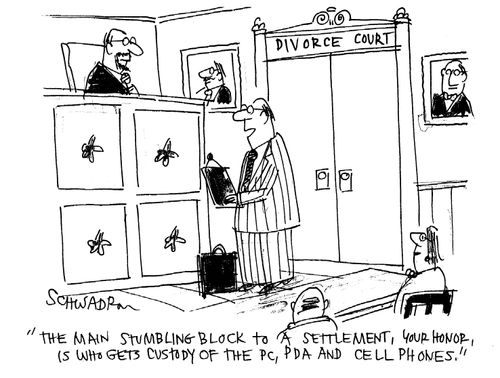 'The main stumbling block to a settlement, your honour, is who gets custody of the PC, PDA and cell phones.'