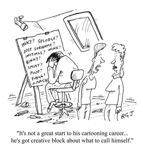 'It's not a great start to his cartooning career...he's got creative block about what to call himself.'