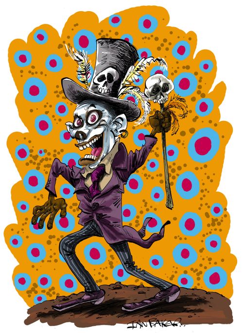 Skull-like man in a top hat.