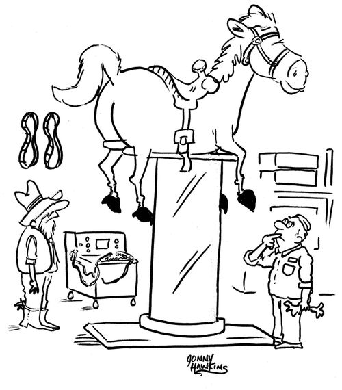 Cowboy at mechanic with horse hoisted