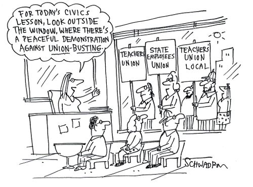 'For today's civics lesson, look outside the window, where there's a peaceful demonstration against union-busting.'