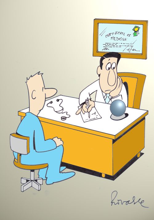 Doctor using a crystal ball to diagnose patient,