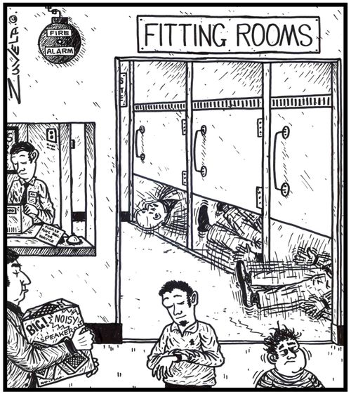 (Visual gag) FITTING ROOMS People having fits in special rooms