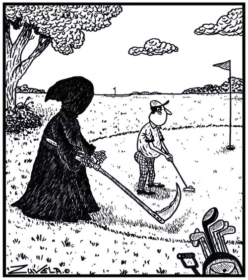 A golfer sizing up his putt, with the Grim Reaper sizing up the golfer.