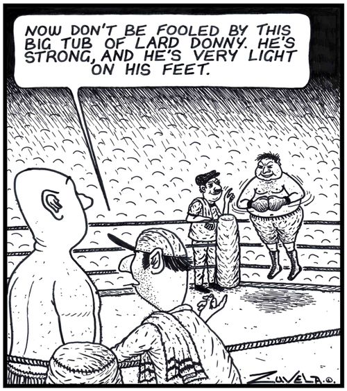 Boxing Trainer: 'Now don't be fooled by this big tub of lard Donny. He's strong, and he's very light on his feet.' a boxer floating in the air