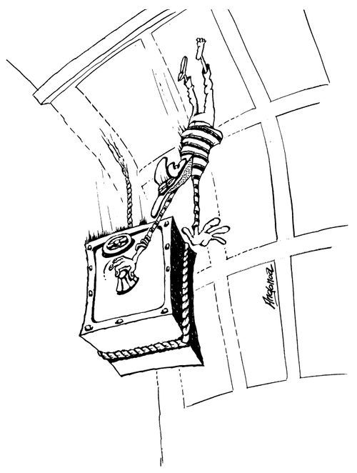 Robber still desperately trying to crack a safe as they both fall from the roof