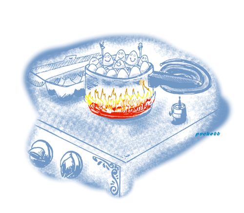 Some eggs are having a good time in the boiling water as if it were a jacuzzi.