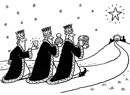 The three kings, one carrying a gift voucher.