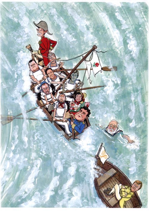 Labour party boat in stormy sea towing Lib Dem boat