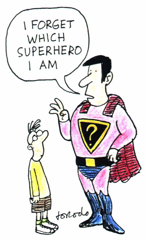 Superhero with '?' on breast plate "I forget which superhero I am"