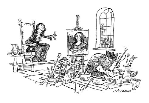 Mona Lisa gesturing at Leonardo Da Vinci when his back is turned.