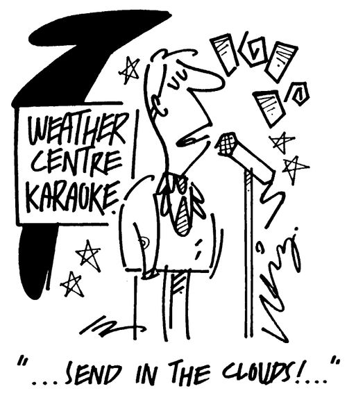 Weather Centre Karaoke. Man singing  - "Send in the clouds."