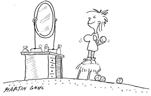 Little girl standing infront of mummy's dressing table putting tennis balls up her top