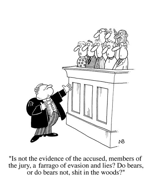 'Is not the evidence of the accussed, members of the jury, a earrage of evasion and lies Do bears, or do bears not shit, in the woods'