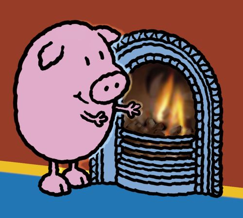 A pig warming himself before a coal fire.