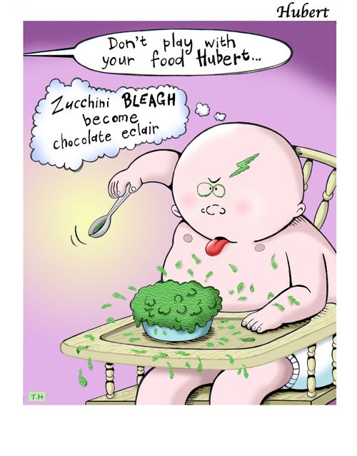 Hubert playing with his food and hoping to 'magic' it into something else.
