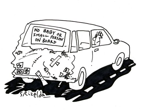 Car all battered at the back with a sticker in rear window - 'No baby or small person on board'.
