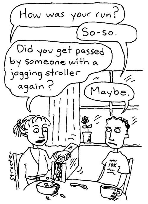 Jogger gets passed by running stroller.