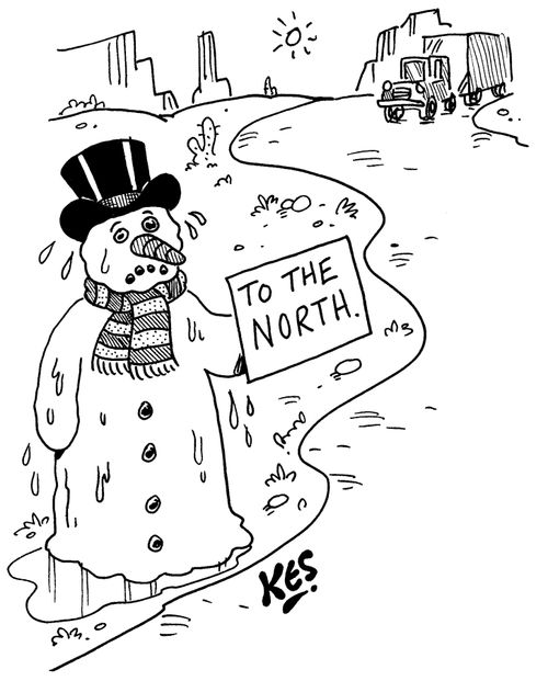 Melting snowman tries to hitch a ride north.