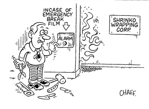 Shrink wrap company fire alarm - 'In case of emergency break film'.