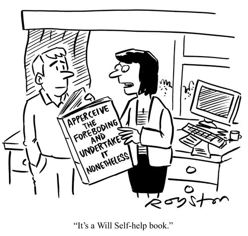 Book is titled 'Apperceive the Foreboding and Undertake in Nonetheless'. Woman says: 'It's a Will Self-help book.'
