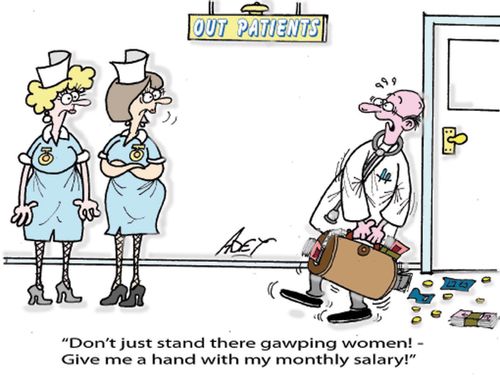 "Don't just stand there gawping women!  Give me a hand with my monthly salary!"