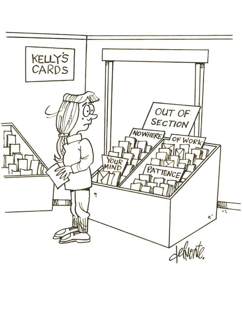 Woman in a card shop sees an 'Out Of Section' - Patience, Of Work, Nowhere, Your Mind.