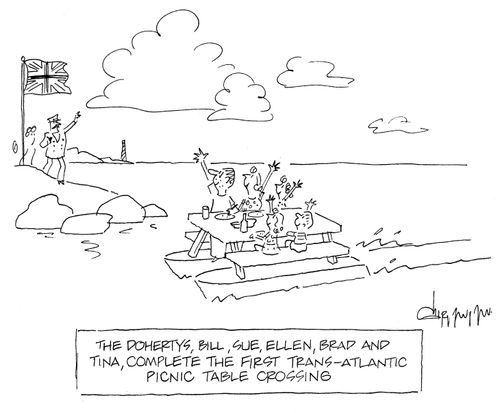 The Dohertys, Bill, Sue, Ellen, Brad and Tina, complete the first trans-Atlantic picnic table crossing.