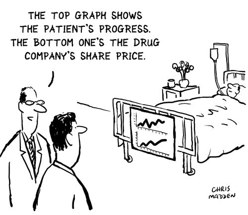 'The top graph shows the patient's progress. The bottom one's the drug company's share price.'