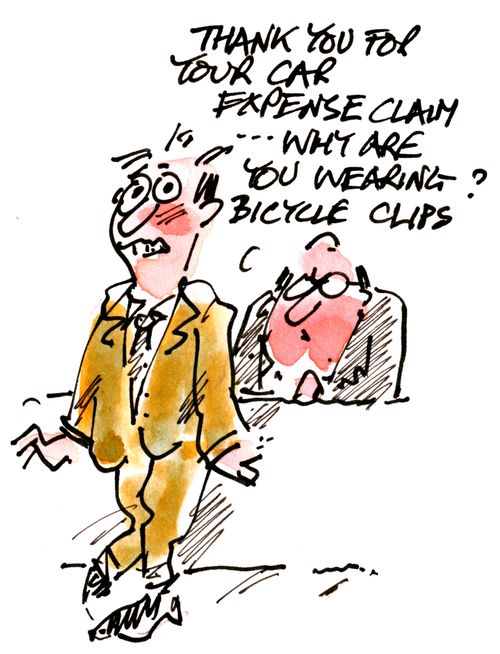 'Thank you for you car expense claim . . .why are you wearing bicycle clips?'