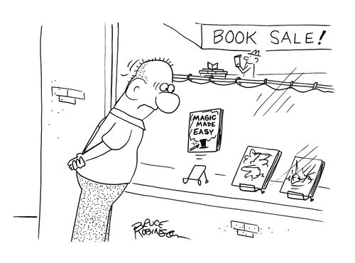 Surprised man seeing MAGIC MADE EASY book levitating off bookstand in book shop storefront window.
