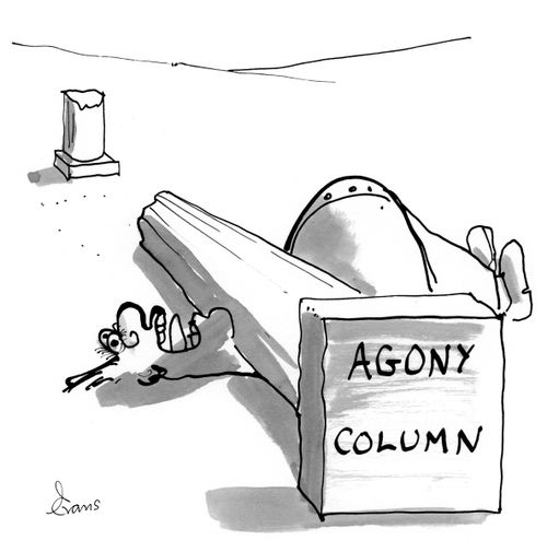 A man is pinned to the ground by a column. The words 'Agony Column' appear on its base.