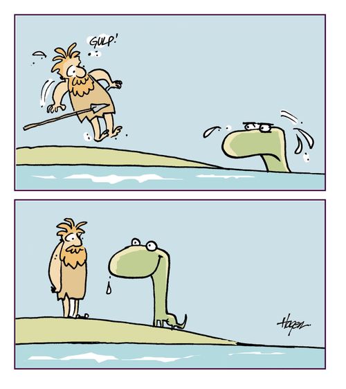 Caveman surprised by dinosaur.