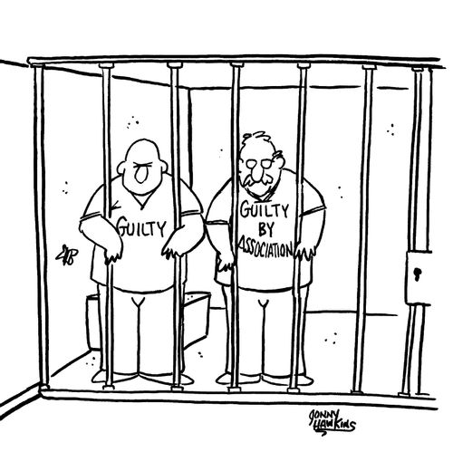 Two men in jail: One wearing shirt with 'Guilty', the other with 'Guilty by Association'.