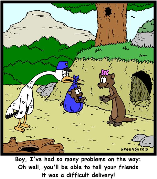 'Boy, I've had so many problems on the way: Oh well, you'll be able to tell your friends it was a difficult delivery!'