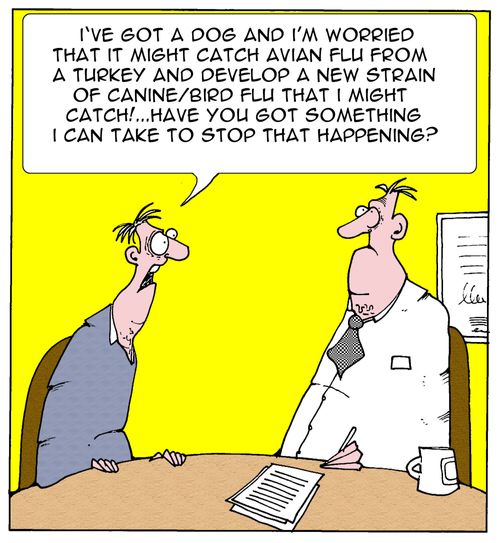 'I've got a dog and I'm worried that it might catch avian flu from a turkey and develop a new strain of caninebird flu that I might catch!...Have you got something I can take to stop that happening?'