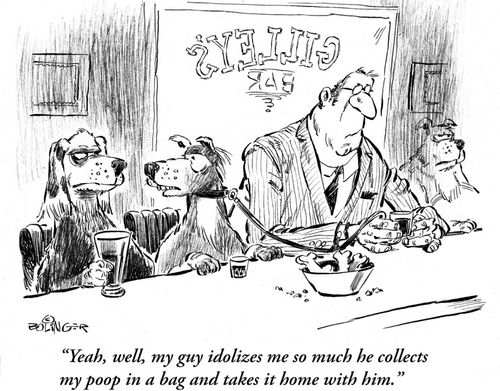 'Yeah, well, my guy idolizes me so much that he collects my poop in a bag and takes it home with him.'