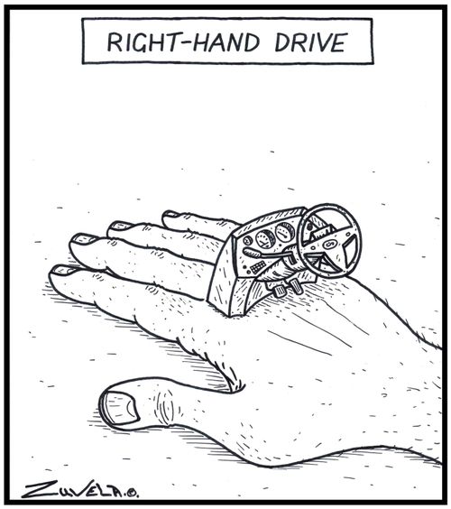 Right-hand drive - A right hand with a car steering wheel and console on it.