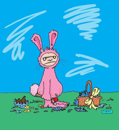 Man in a rabbit suit smashing Easter eggs.