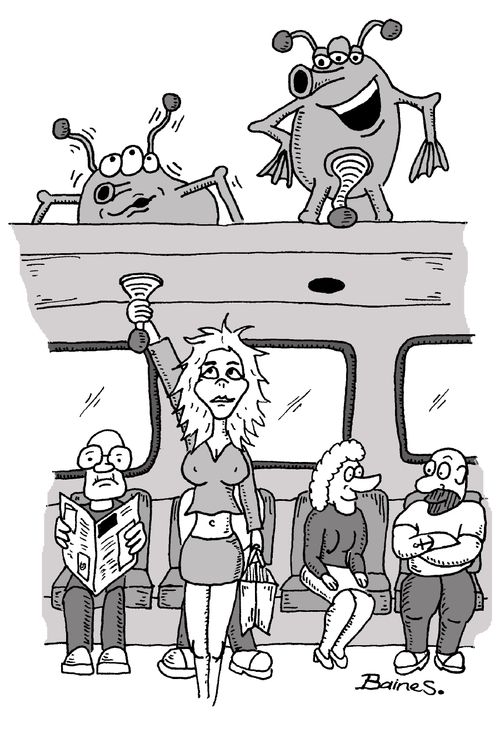 Alien being groped on tube train.
