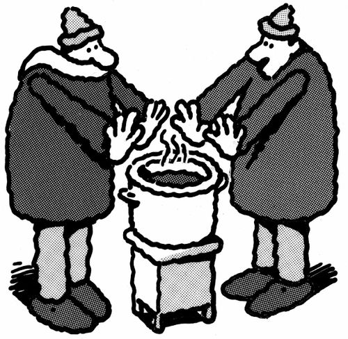 Warming hands over soup.