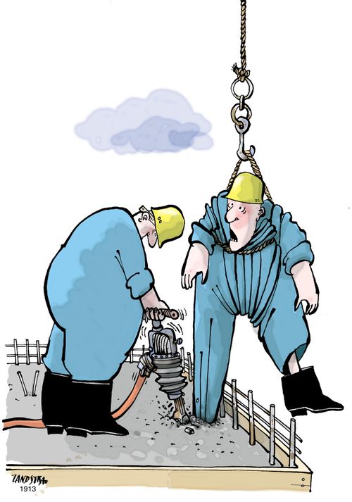 Builder with his foot stuck in cement.