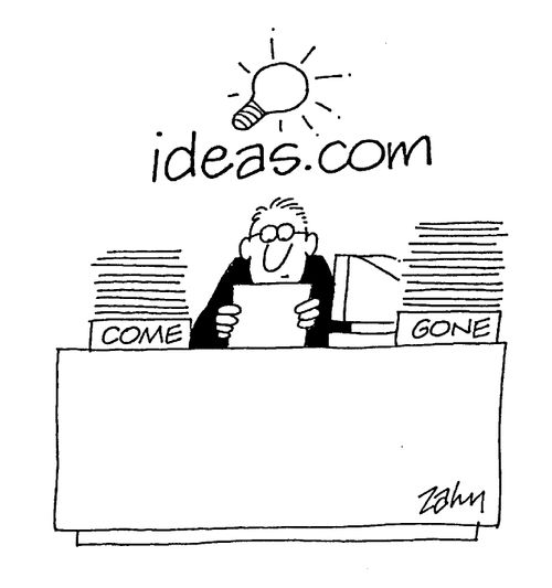 'Ideas.com' desk with a 'come' tray and a 'gone' tray.