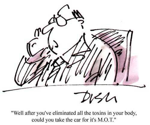 "Well, after you've eliminated all the toxins in your body, could you take the car for it's MOT."