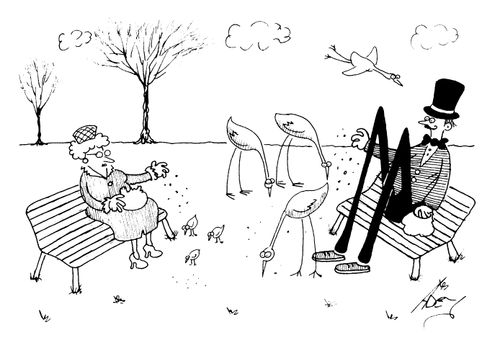 Stilt man feeding storks