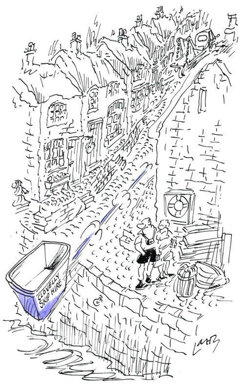 Skip slipping down cobbled street